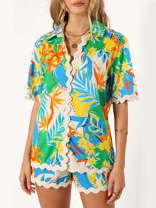 Womens Casual 2 Piece Outfits Short Sleeve Leaf Print Shirt + Drawstring Shorts Set Beachwear