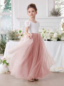 年轻女孩蕾丝边 V 领网眼派对礼服，优雅公主礼服，适合女孩生日派对、婚礼、伴娘、选美，粉色 - 藕粉色 - 查看 2