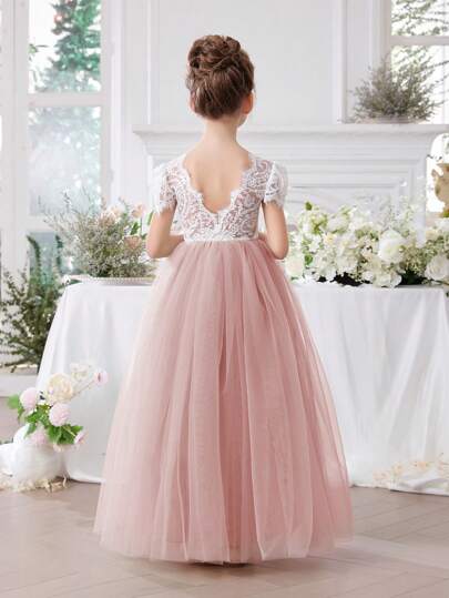 Young Girl Lace Trim V-Neck Mesh Party Dress, Elegant Princess Gown, Suitable For Girls Birthday Party, Wedding, Bridesmaid, Pageant, Pink