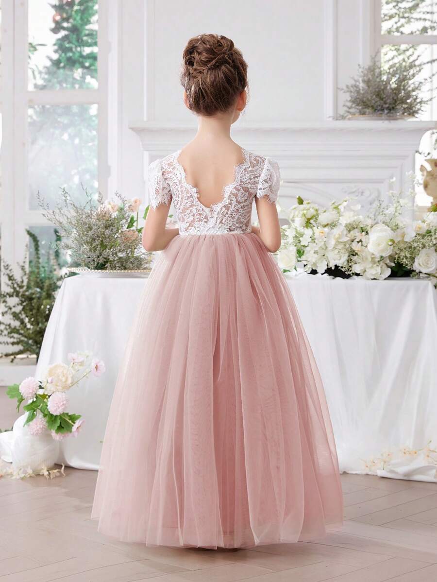 年轻女孩蕾丝边 V 领网眼派对礼服，优雅公主礼服，适合女孩生日派对、婚礼、伴娘、选美，粉色 - 藕粉色 - 查看 1