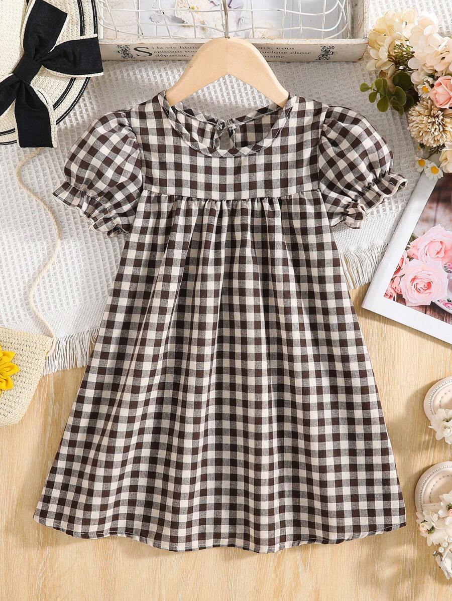 Young Girl' Plaid Loose Lightweight Dress, Spring/Summer - Coffee - View 1