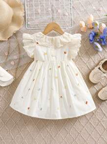 1 件年轻女孩刺绣花卉蕾丝领无袖休闲宽松优雅连衣裙，夏季度假太阳裙 - 杏色 - 查看 2