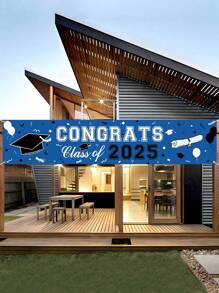 1件装蓝色涤纶毕业主题悬挂横幅，祝贺2025届毕业生，庭院横幅，带有毕业帽图案，毕业季家居花园校园装饰，2025毕业派对装饰，毕业悬挂饰品，毕业日背景横幅，派对礼品 - 藍色畢業季 - 查看 3