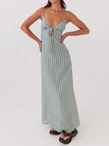 Womens Summer Long Dress Sleeveless Spaghetti Strap Tie-Up Front Loose Dress Back Cutout Dress - 綠色 - 查看 4