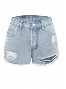 女士休闲纽扣式做旧下摆牛仔短裤 - 淺藍色 - 查看 8