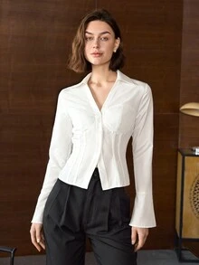 女式纯色单排扣长袖衬衫，旧款上衣，夏季