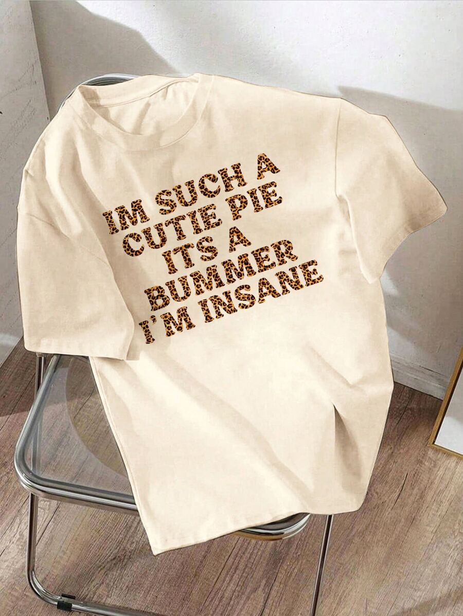 Letter Printed T-Shirt, Short Sleeved Round Neck Casual Top, Spring And Summer Casual Women's Clothing - Apricot - View 1