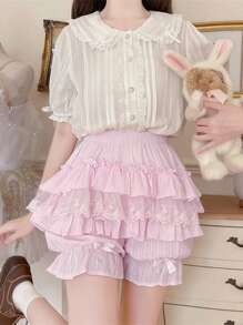 Pantalones cortos bombachos con diseño en capas tipo pastel y borde de encaje para mujer, cintura elástica con lazo, corte holado antideslizante, ideal para uso diario y estilo Lolita en primavera y verano - Rosa - Ver 4