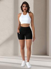 Plus Size Women's Casual High Waist Elastic Shorts, Moisture-Wicking Shorts For Sports, Yoga, Cycling, Fitness, With Pockets, Spring/Summer