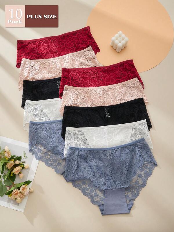 10PCS Plus Size Lace Panties Women's Contrast Color Lace Sheer Hipster Panties