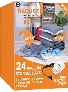 Paquete de 24 bolsas de almacenamiento al vacío con bomba eléctrica, (5 extra grandes, 5 grandes, 5 medianas, 5 pequeñas, 4 bolsas enrollables) Bolsas ahorradoras de espacio para ropa, colchones, mantas, edredones, almohadas, edredones, bolsas de vacío y bombas para volver a la escuela - 10 pequeños - Ver 8