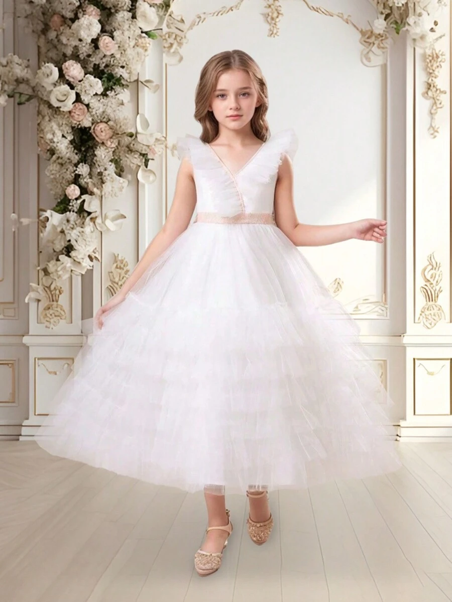 Tween Girls V-Neck Multi-Layer Mesh Bow Decor Elegant Hostess Dress, Suitable For Party & Birthday