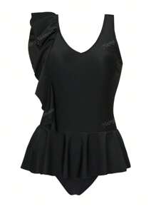 Traje de baño de una pieza de un solo color a la última moda para mujeres, estilo ajustado y sexy con volantes asimétricos, diseño con control de abdomen, escote en V para vacaciones en la playa o la piscina en verano
