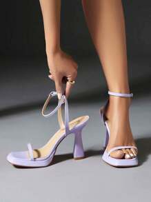 Reitoye Elegant Platform High Heel Sandals For Women Summer Square Toe Chunky Heel,  Fashion Ankle Strap Purple Heels Soft Leather Comfortable Versatile Snakeskin Pattern High Heels, Increase Height & Leg Length, Solid Color Casual Comfortable Women Shoes For Party Wedding Date - 蛇皮紋紫色 - 查看 5