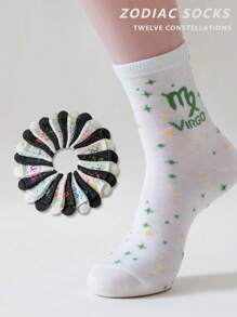 1 par de calcetines con diseño de signos del zodíaco para mujer, calcetines blancos, calcetines negros, calcetines hasta el tobillo, calcetines artísticos, calcetines deportivos, calcetines de moda, calcetines para niñas, calcetines tipo crew, calcetines sencillos, calcetines casuales, aptos para uso diario