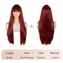 Long Straight Hair Burgundy Wigs With Bangs Heat Resistant Hair Synthetic No Lace Wigs For Fashion Women 28 Inch