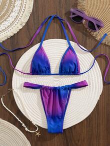 PEPPERMOLLY New Gradient Color Halter Tie Backless Elegant Party Micro Triangle Bikini Set, Women Summer Beach Fashion Swimwear Vacation - Purple - View 2