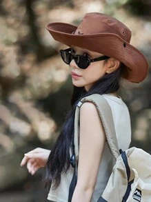 1 件装女孩复古美式西部风格大檐帽子，夏季户外徒步防晒渔夫帽 - 卡其色 - 查看 6