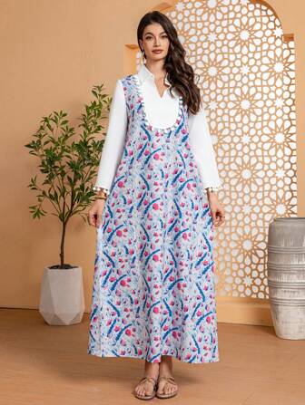 女士方领花卉印花优雅长袖长袍 Abaya 朴素卡夫坦 Jalabiya 阿拉伯连衣裙