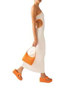 Women's Bodycon Tube Dress, Strapless Side Cutout Contrast Color Ribbed Long Dress - Off-white - View 4
