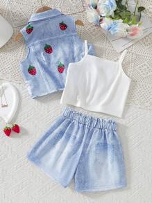 3 件套年轻女孩夏季服装 - 蝴蝶印花设计荷叶边领衬衫、松紧腰裤和吊带背心，优雅套装，适合度假和旅行，春夏 - 藍色 - 查看 3