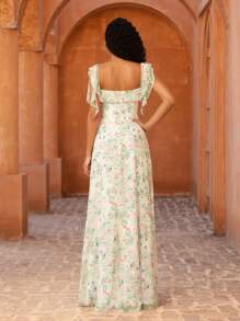 Women's Elegant Square Neck Chiffon Ruffle Sleeve Printed Draped Split Back Maxi Dress, Suitable For Formal Occasions Like Bridesmaid, Wedding Guest, Party, Graduation Ceremony, And Spring/Summer Resort, Beach, Daily Wear - Green Floral - View 3