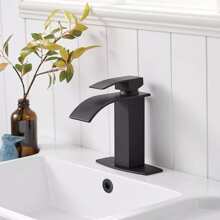Matte Black/Chrome Waterfall Bathroom Faucet - Single Handle Mixer Tap For 1/3 Hole Sinks | Includes Deck Plate, Pop-Up Drain & Supply Hoses | Modern Vessel Vanity Set - Black - View 6