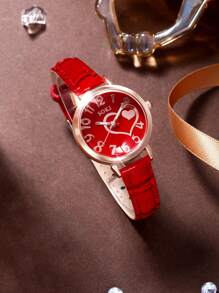 6-teiliges Damen Uhr Set mit modischer Lässig Quarzuhr, pfirsichförmigem Ziffernblatt und Halskette, Ohrringe, Armband, Ringe als Schmuckset, geeignet für den täglichen Gebrauch, Schulstart-Saison, Abschlusszeit, Thanksgiving, Paare, perfektes Geschenkset (ohne Uhrenbox)
