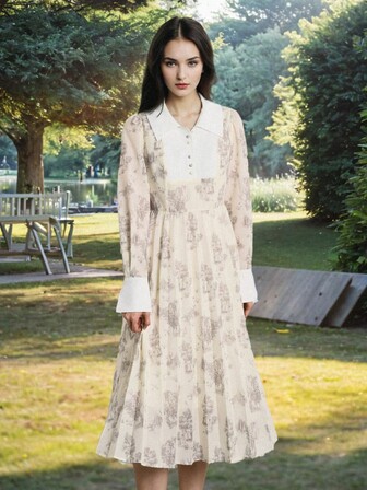 Simple Retro 女式春季彼得潘领缝线撞色全身印花优雅宽松休闲长裙