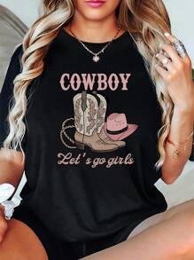 PAYEAH 1pcs Western Cowboy Graphic T-Shirt For Women, Short Sleeve Round Neck Casual Tee For Women  220g Heavy Cotton T Shirt