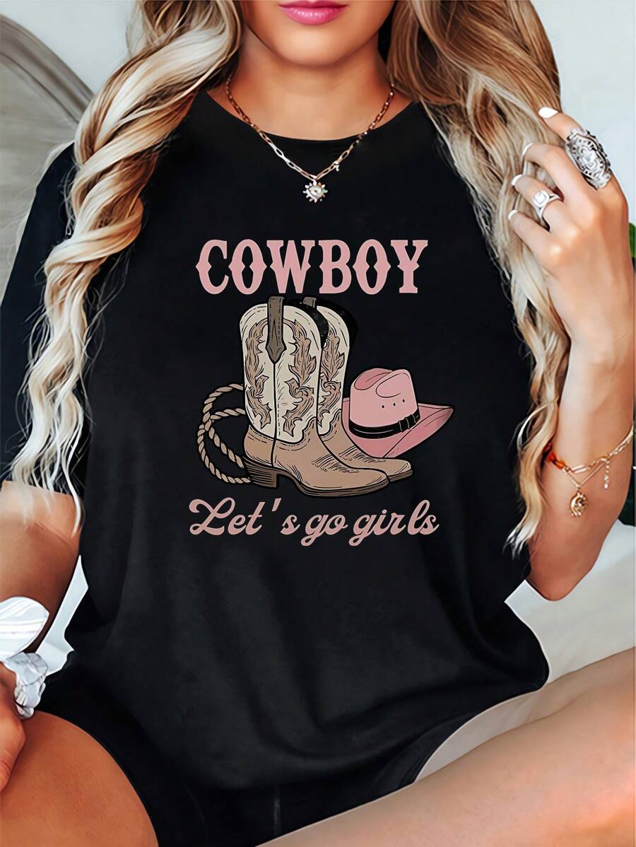 PAYEAH 1pcs Western Cowboy Graphic T-Shirt For Women, Short Sleeve Round Neck Casual Tee For Women  220g Heavy Cotton T Shirt