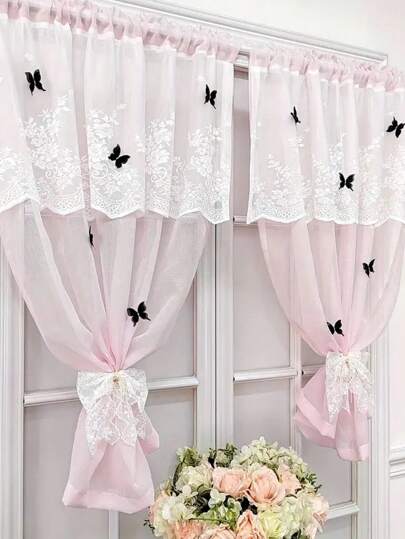 1pc Pink Voile Half Curtain, Elegant Butterfly Decor, Suitable For Bedroom, Living Room Home Decoration, With Pole