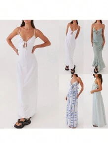 Womens Summer Long Dress Sleeveless Spaghetti Strap Tie-Up Front Loose Dress Back Cutout Dress - Màu xanh lam - Xem 3