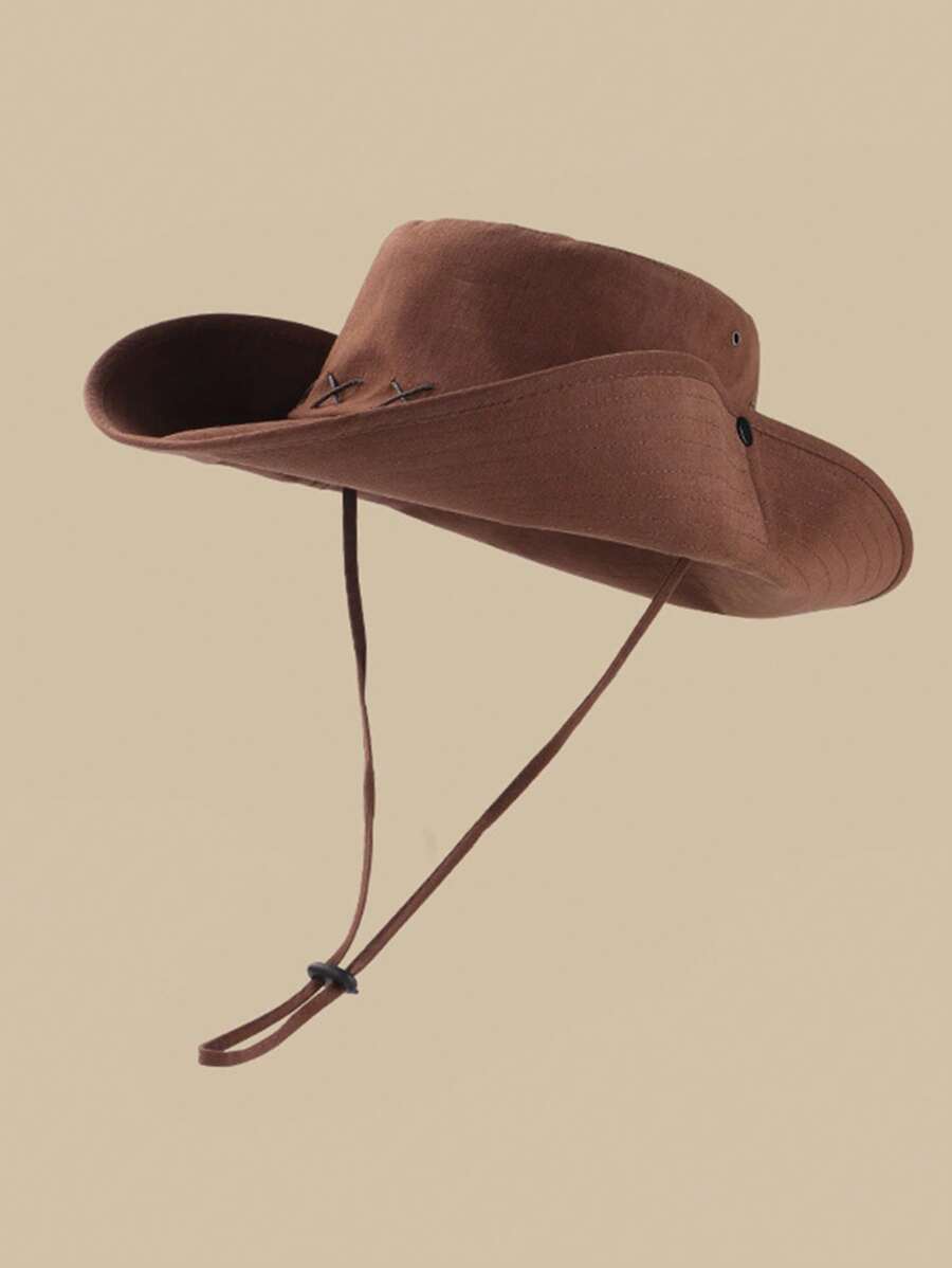 1 件装女孩复古美式西部风格大檐帽子，夏季户外徒步防晒渔夫帽 - 卡其色 - 查看 1