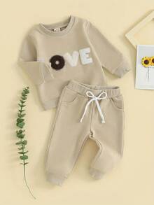 Baby 2 Piece Cute Outfit Plush Letter Embroidery Long Sleeve Sweatshirt And Elastic Pants Set For Infant Fall Clothes - Coffee Brown - View 3