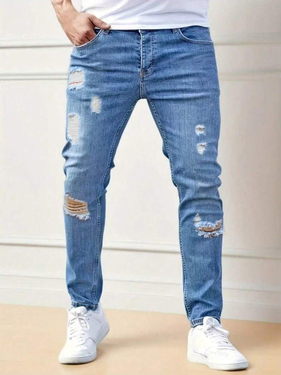 Men's Light Washed Slim Fit Ripped Skinny Jeans, Korean Fashion Style Long Pants - Baby Blue - View 1