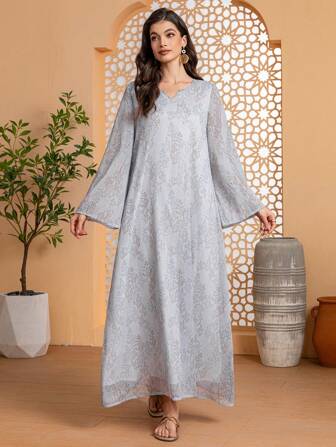 女士雕花雪纺长袖衬里连衣裙优雅长袖长袍 Abaya 朴素卡夫坦 Jalabiya 阿拉伯连衣裙斋月风格