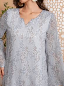 女士雕花雪纺长袖衬里连衣裙优雅长袖长袍 Abaya 朴素卡夫坦 Jalabiya 阿拉伯连衣裙斋月风格 - 淺灰色 - 查看 7