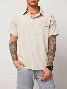 Men's Solid Color Shirt With Letter Embroidery, Short Sleeve Button Down Shirt With Pocket - Apricot - View 1