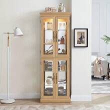 Lighted Glass Curio Display Cabinet, Display Cabinet, Glass Storage Cabinet Glass Wine Cabinet Wood Frame Toy Display For Living Room, Kitchen, Pantry Light Bulb Included Light Oak