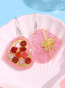 1对简约休闲心形耳环，女士节日/日常佩戴饰品，情人节心形巧克力礼盒，蝴蝶结装饰 - 彩色 - 查看 4