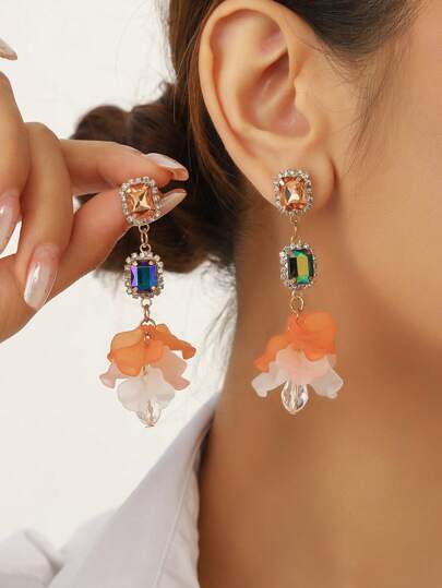 1 Pair Fashionable Resin Flower Rhinestone Earrings