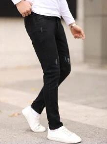 男式经典黑色紧身弹力牛仔裤，破洞修身牛仔裤 - 黑色 - 查看 5