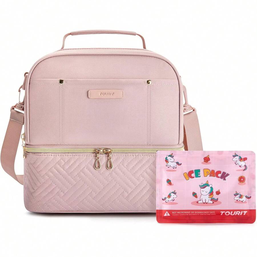 TOURIT Lunch Bag Women Double Deck Lunch Box Insulated Lunch Cooler Pink, With Reusable Long-Lasting Ice Packs, Camping Accessories, 2 Packs Pink Unicorn - Pink + Ice Packs-unicorn - View 1