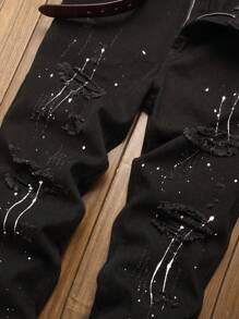 Modne, zniszczone czarne jeansy męskie - Czarne - Zobacz 3