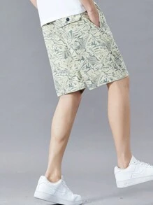 tooluck Summer Men's Large Size Small Print Loose Shorts Casual 100% Cotton Beach Shorts