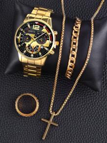Juego de 4 piezas: Reloj de cuarzo con puntero minimalista y redondo dorado, collar con colgante de cruz dorado, anillo y pulsera, un regalo versátil para uso diario