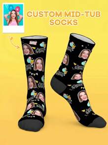 1 Pair Of Custom Women's Face Photo Stockings, Custom Photo Stockings, Custom Face Photo Stockings, Personalized Fun Stockings, Custom Picture Stockings, Put Any Face Photo On Socks, Anniversary Gift, Valentine's Day Gift, Birthday Gift, Wedding Gift, Best Friend Gift, Girlfriend Gift, - Black - View 1