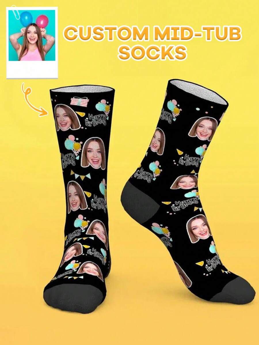 1 Pair Of Custom Women's Face Photo Stockings, Custom Photo Stockings, Custom Face Photo Stockings, Personalized Fun Stockings, Custom Picture Stockings, Put Any Face Photo On Socks, Anniversary Gift, Valentine's Day Gift, Birthday Gift, Wedding Gift, Best Friend Gift, Girlfriend Gift, - Black - View 1