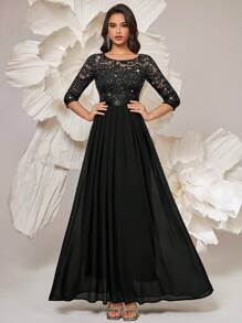 Elisanya 优雅亮片花卉蕾丝 3/4 袖褶皱下摆雪纺正式派对长裙 - 查看 5